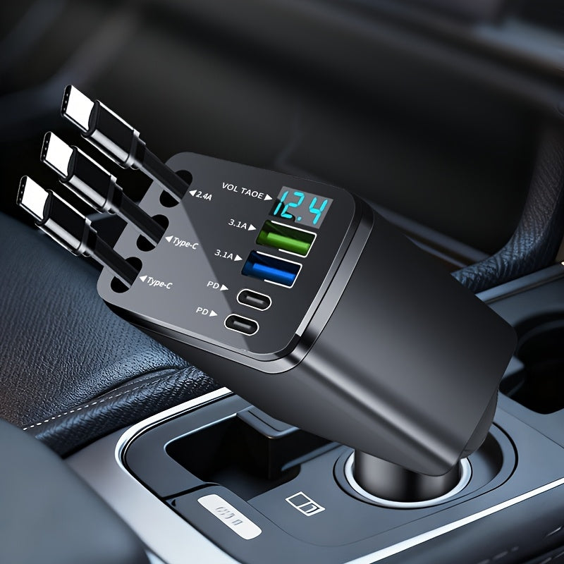 3-in-1 retractable car charger with two USB-C cables and compact design for tangle-free, fast charging in vehicles