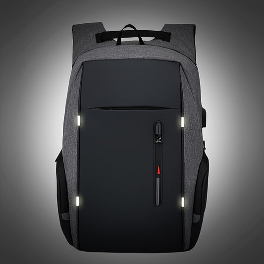 Anti-theft laptop backpack for men with large capacity, USB charging port, waterproof material, and ergonomic design for travel and business use