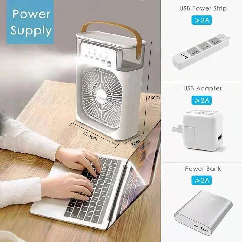 3-in-1 Mini Air Cooler Fan with Humidifier & LED Night Light – USB Portable