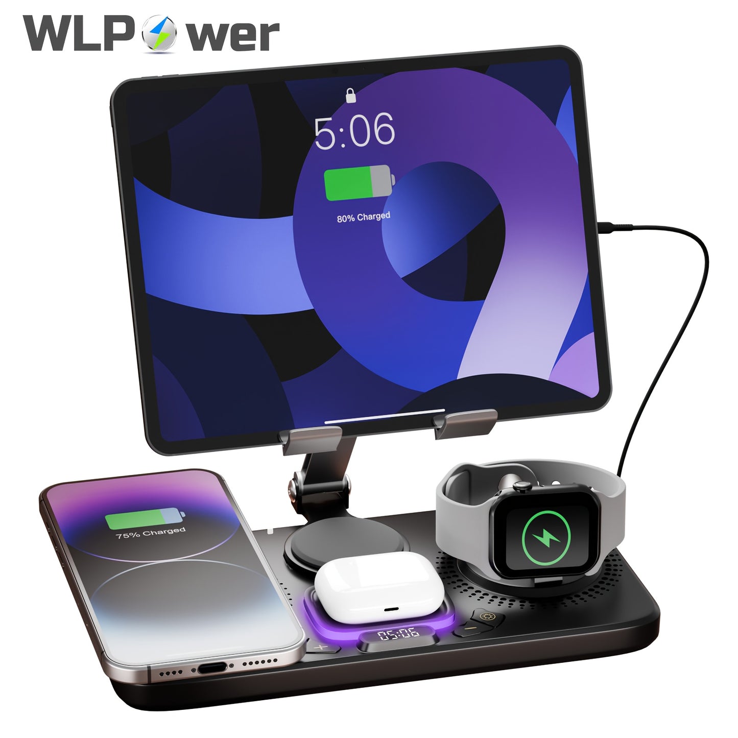 6-in-1 Wireless Charging Station - 15W Fast Charger with Clock