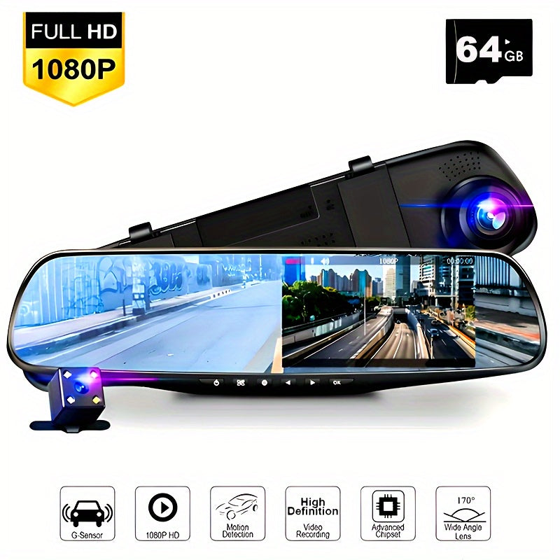 Dual lens dash cam with 4.5-inch mirror display showing front and rear 1080P recording in a car interior