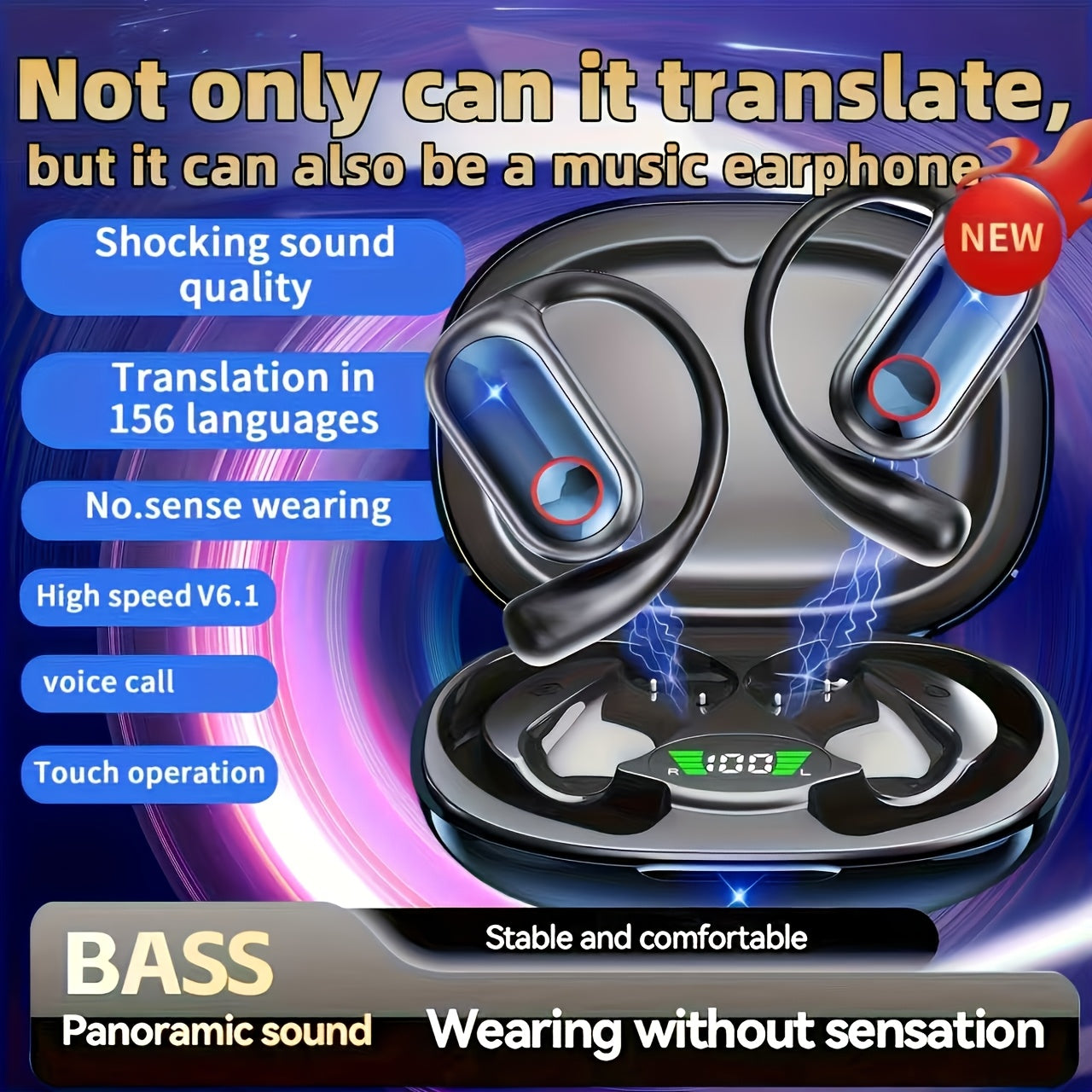 Mosyxe AI translation earphones with open-ear Bluetooth 5.4 wireless design and real-time language translation across 144 languages.