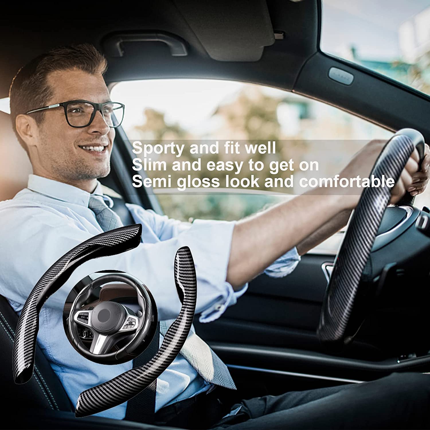 Carbon fiber steering wheel cover with non-slip grip and universal fit