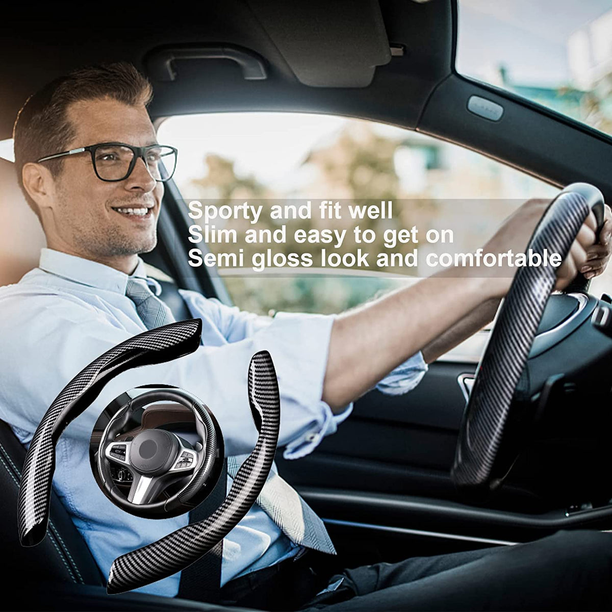 Carbon fiber steering wheel cover with non-slip grip and universal fit