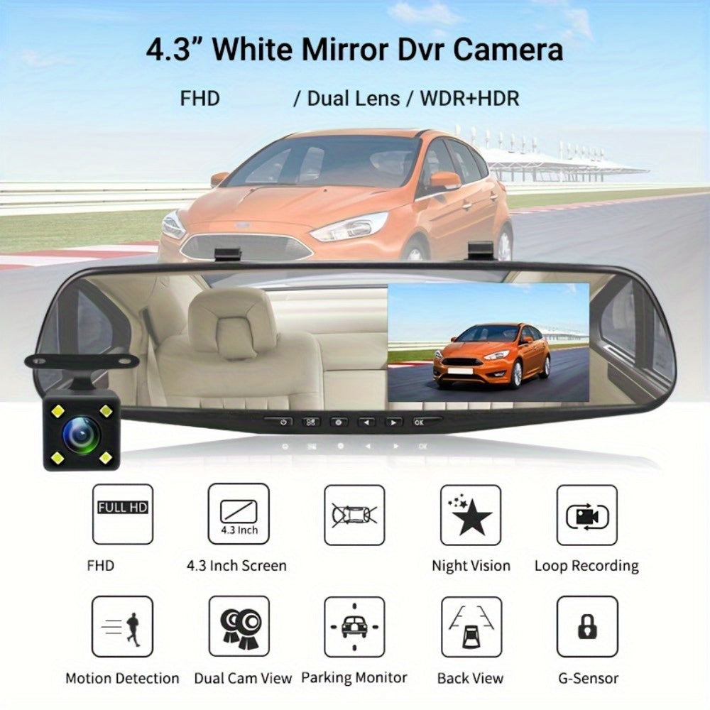 Dual Lens Dash Cam 1080P - 4.5" Mirror Dashcam Front & Rear