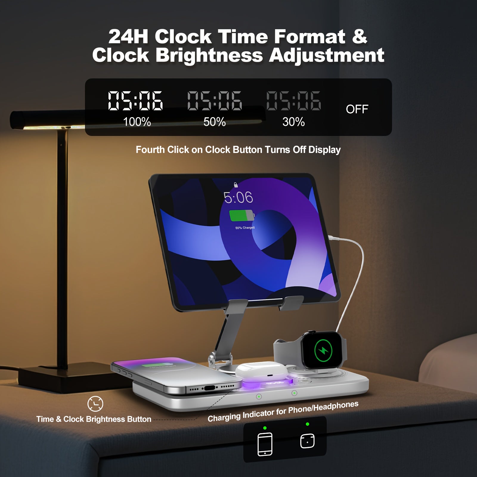 6-in-1 Wireless Charging Station - 15W Fast Charger with Clock
