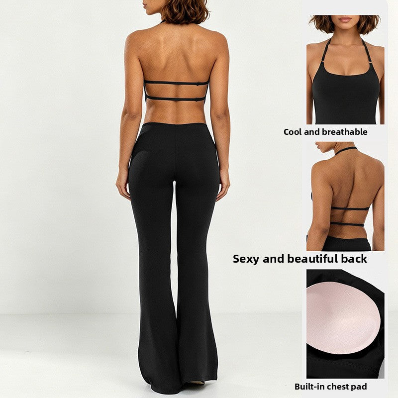 Womens Yoga Running Flared Pants Halter Top Set