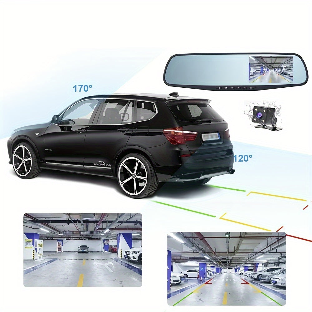 Dual Lens Dash Cam 1080P - 4.5" Mirror Dashcam Front & Rear