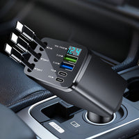 3-in-1 retractable car charger with two USB-C cables and compact design for tangle-free, fast charging in vehicles