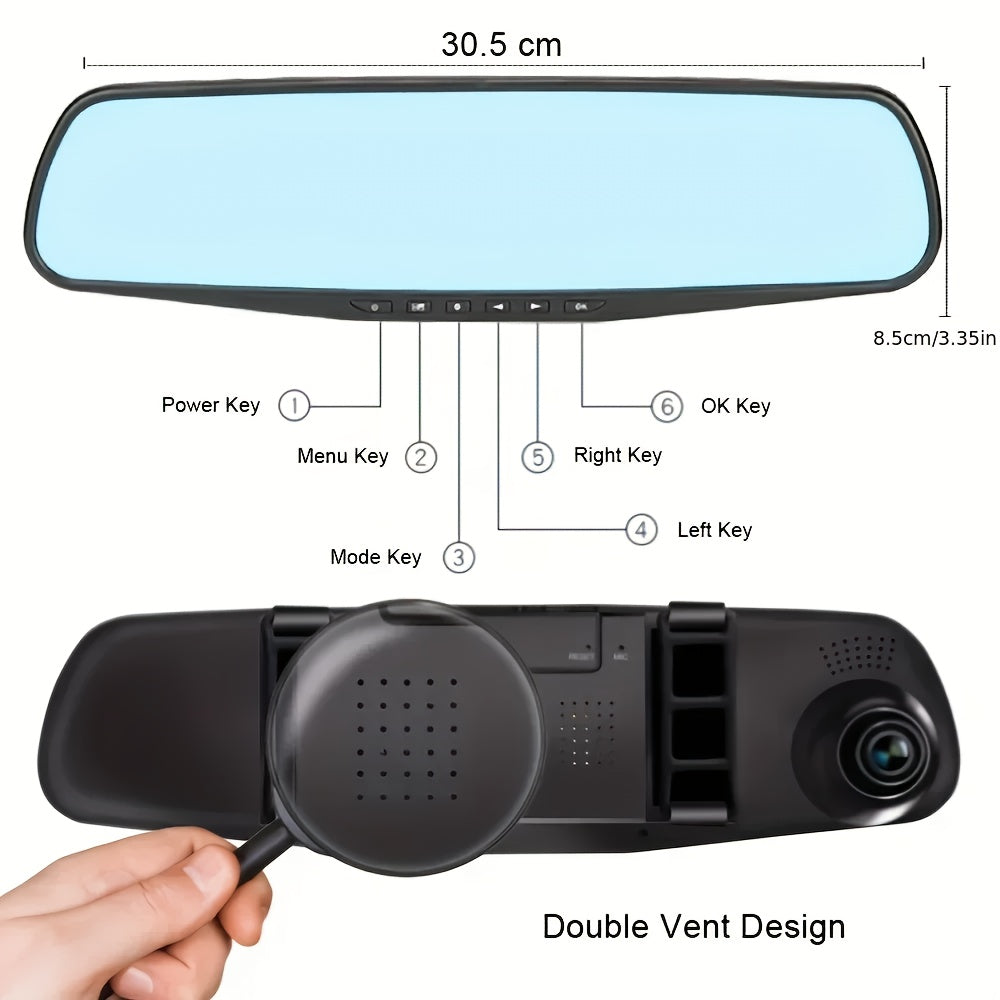 Dual Lens Dash Cam 1080P - 4.5" Mirror Dashcam Front & Rear