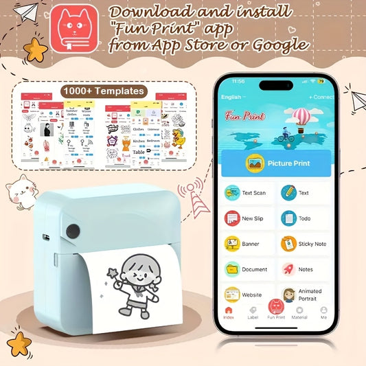 Compact portable wireless thermal printer with paper roll and smartphone connectivity