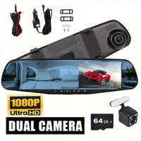 Dual Lens Dash Cam 1080P - 4.5" Mirror Dashcam Front & Rear