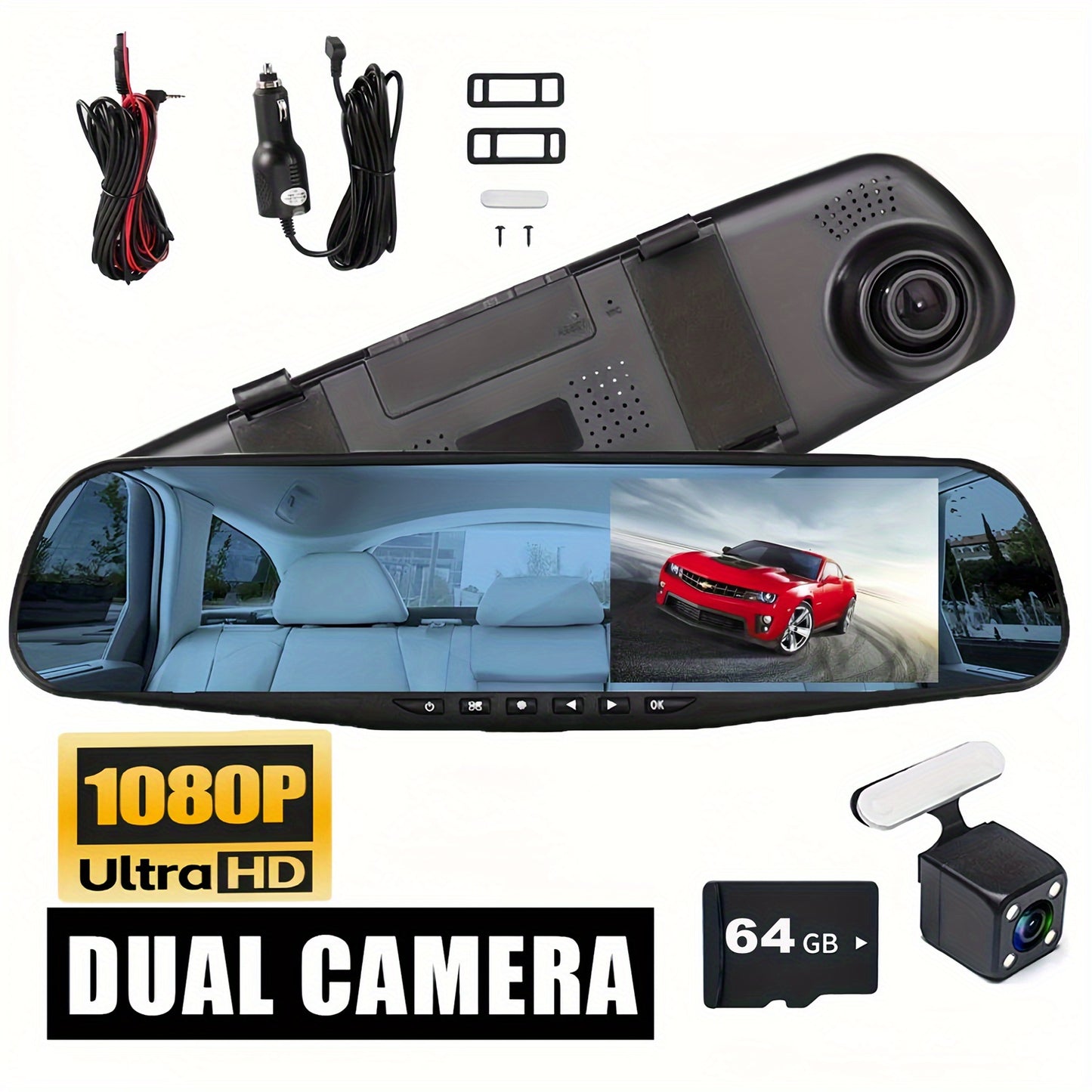 Dual Lens Dash Cam 1080P - 4.5" Mirror Dashcam Front & Rear