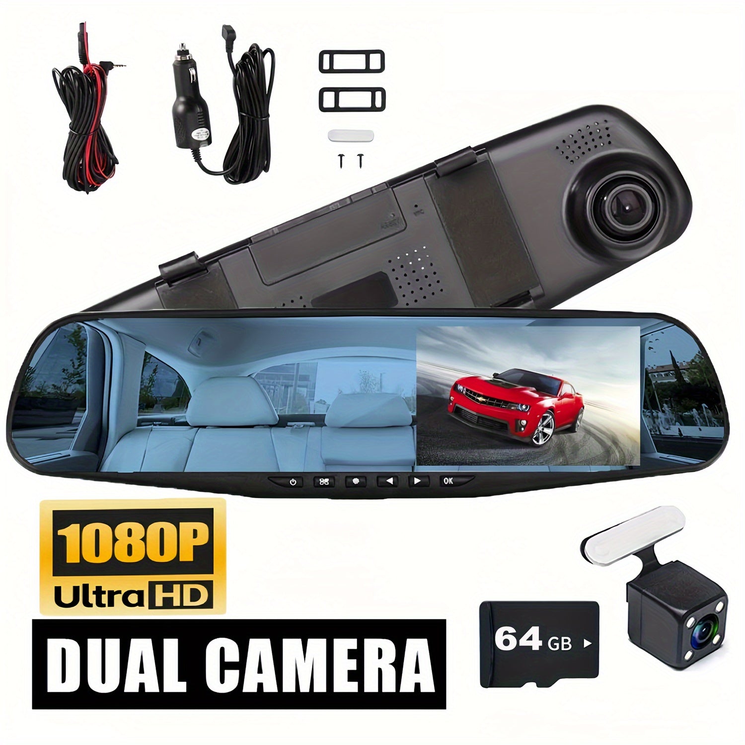 Dual Lens Dash Cam 1080P - 4.5" Mirror Dashcam Front & Rear