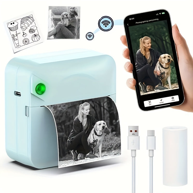 Compact portable wireless thermal printer with paper roll and smartphone connectivity