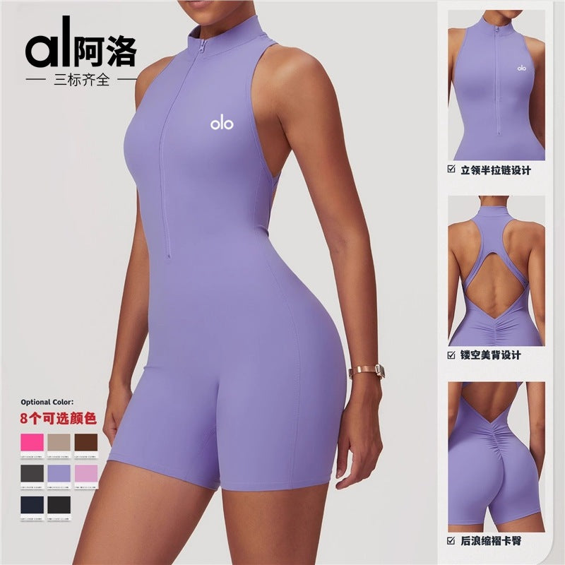 American Alo High-Intensity Sports Backless Yoga Jumpsuit with Zipper, Naked-Feel Tight Yoga Bodysuit for Women