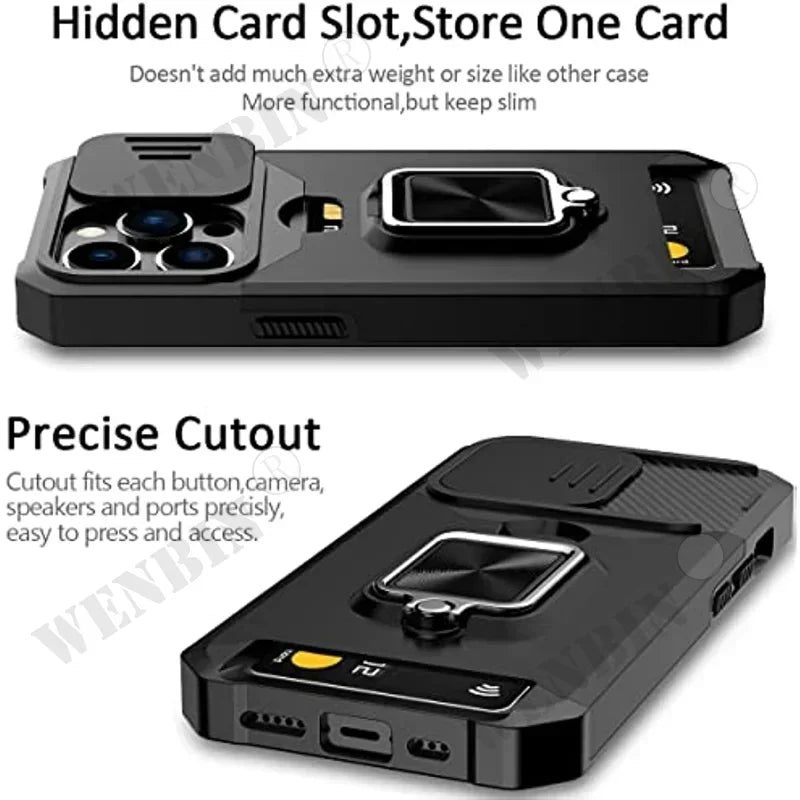 Case For iPhone 17 16 15 14 13 12 Pro Max Plus 8 7 Plus Mini Heavy Duty Protection With Sliding Camera Cover And Card Clip Cover