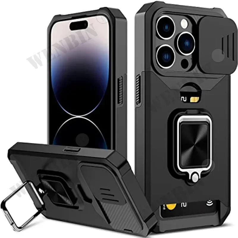 Case For iPhone 17 16 15 14 13 12 Pro Max Plus 8 7 Plus Mini Heavy Duty Protection With Sliding Camera Cover And Card Clip Cover