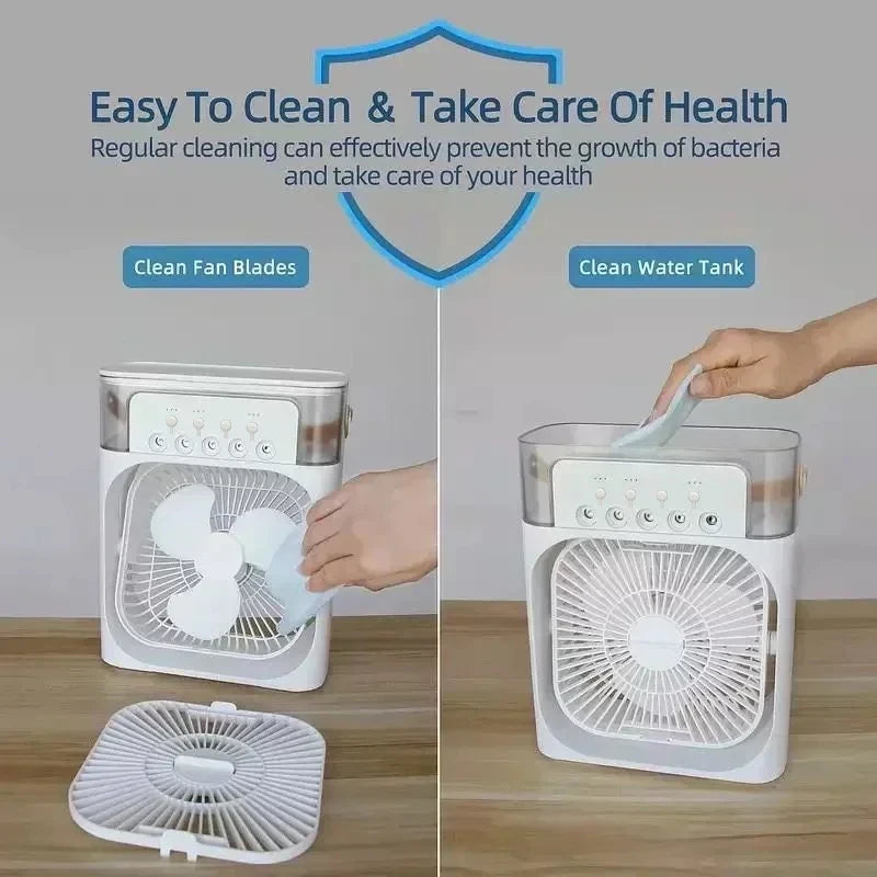 3-in-1 Mini Air Cooler Fan with Humidifier & LED Night Light – USB Portable