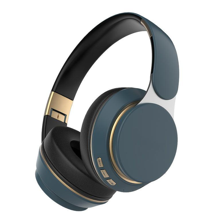 Premium wireless headphones with slate blue finish, gold accents, and plush ear cushions for comfortable listening
