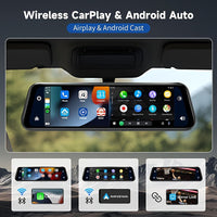 Smart mirror dash cam with dual 2.5K front and 1080P rear cameras, CarPlay, Android Auto, voice control, GPS navigation, and night vision in sleek rearview mirror design