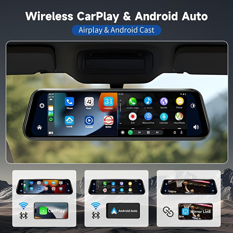 Smart mirror dash cam with dual 2.5K front and 1080P rear cameras, CarPlay, Android Auto, voice control, GPS navigation, and night vision in sleek rearview mirror design