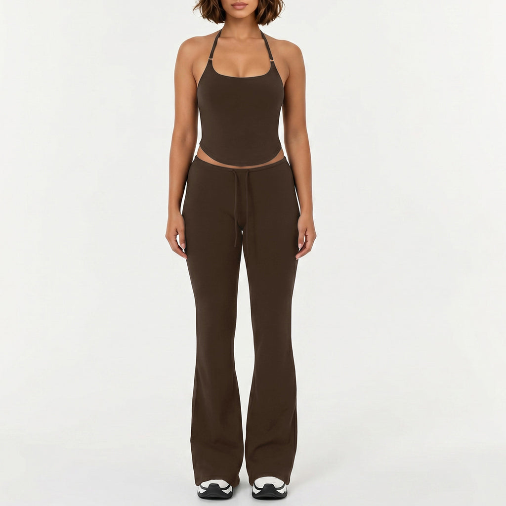 Womens Yoga Running Flared Pants Halter Top Set