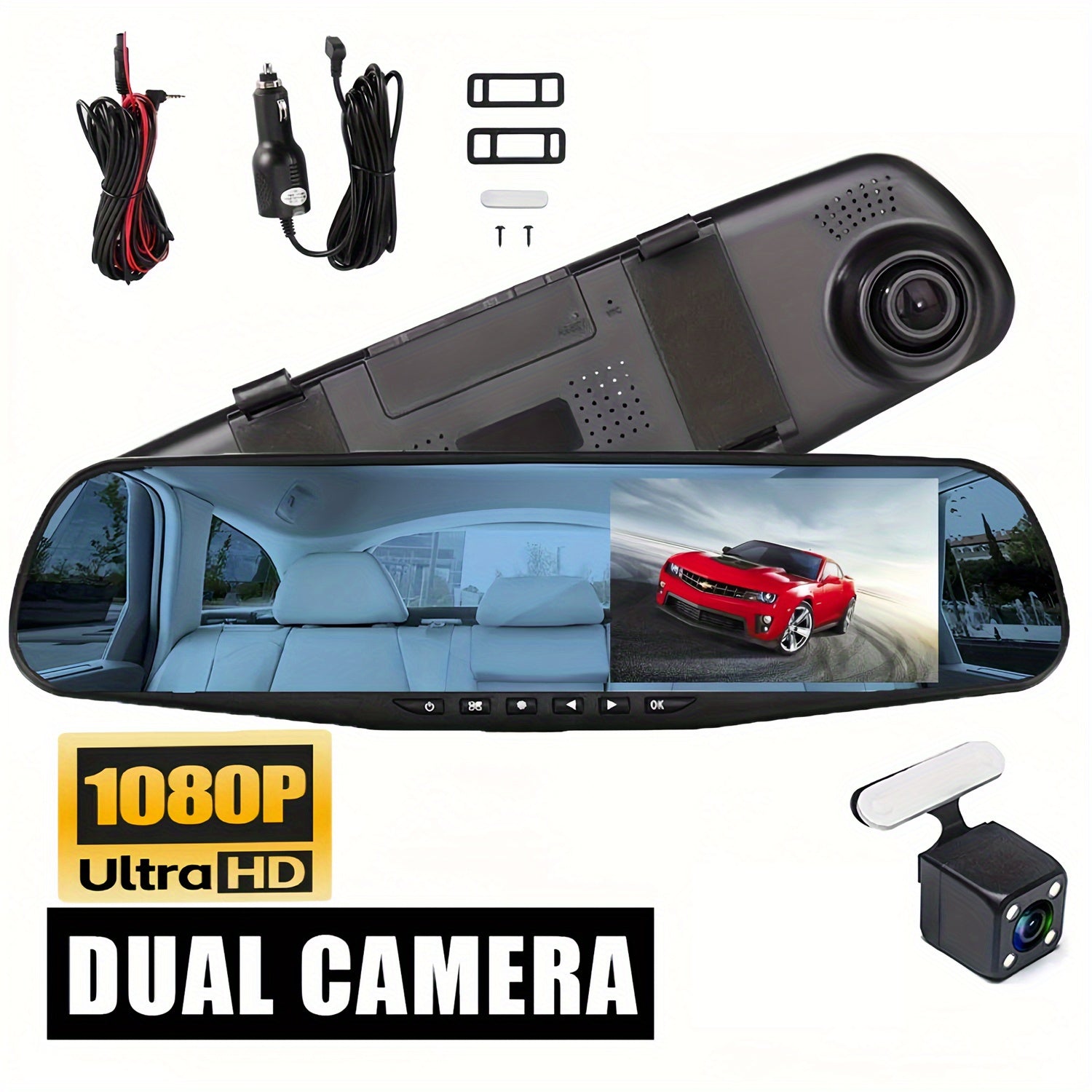 Dual Lens Dash Cam 1080P - 4.5" Mirror Dashcam Front & Rear