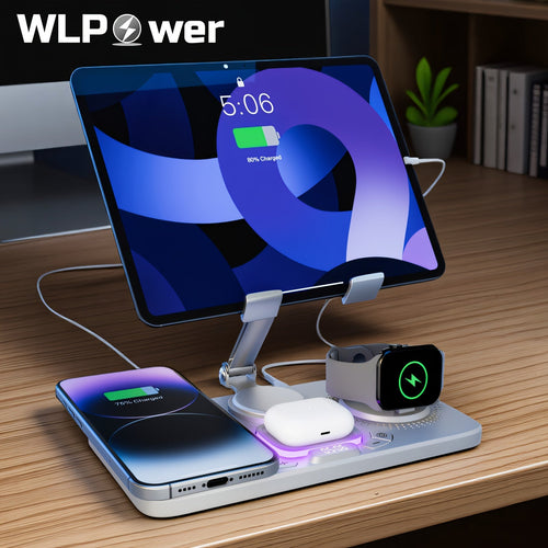 6-in-1 wireless charging station with digital clock, ambient light, and foldable tablet stand charging multiple Apple devices