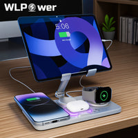 6-in-1 wireless charging station with digital clock, atmosphere light, and foldable tablet stand charging multiple devices