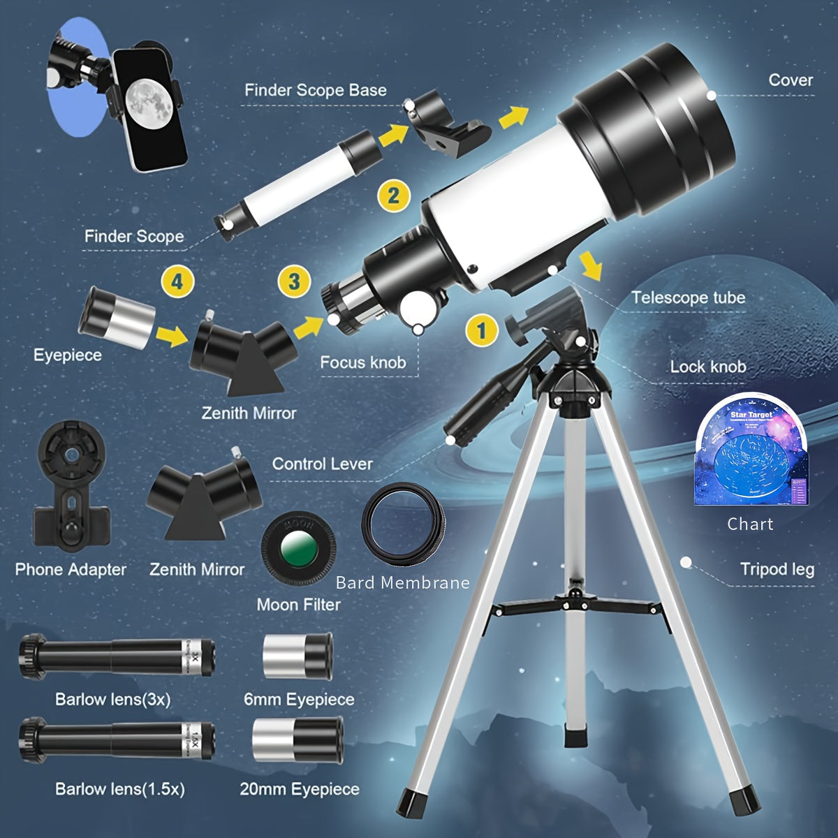 70mm Astronomical Telescope - 150x Magnification with Tripod
